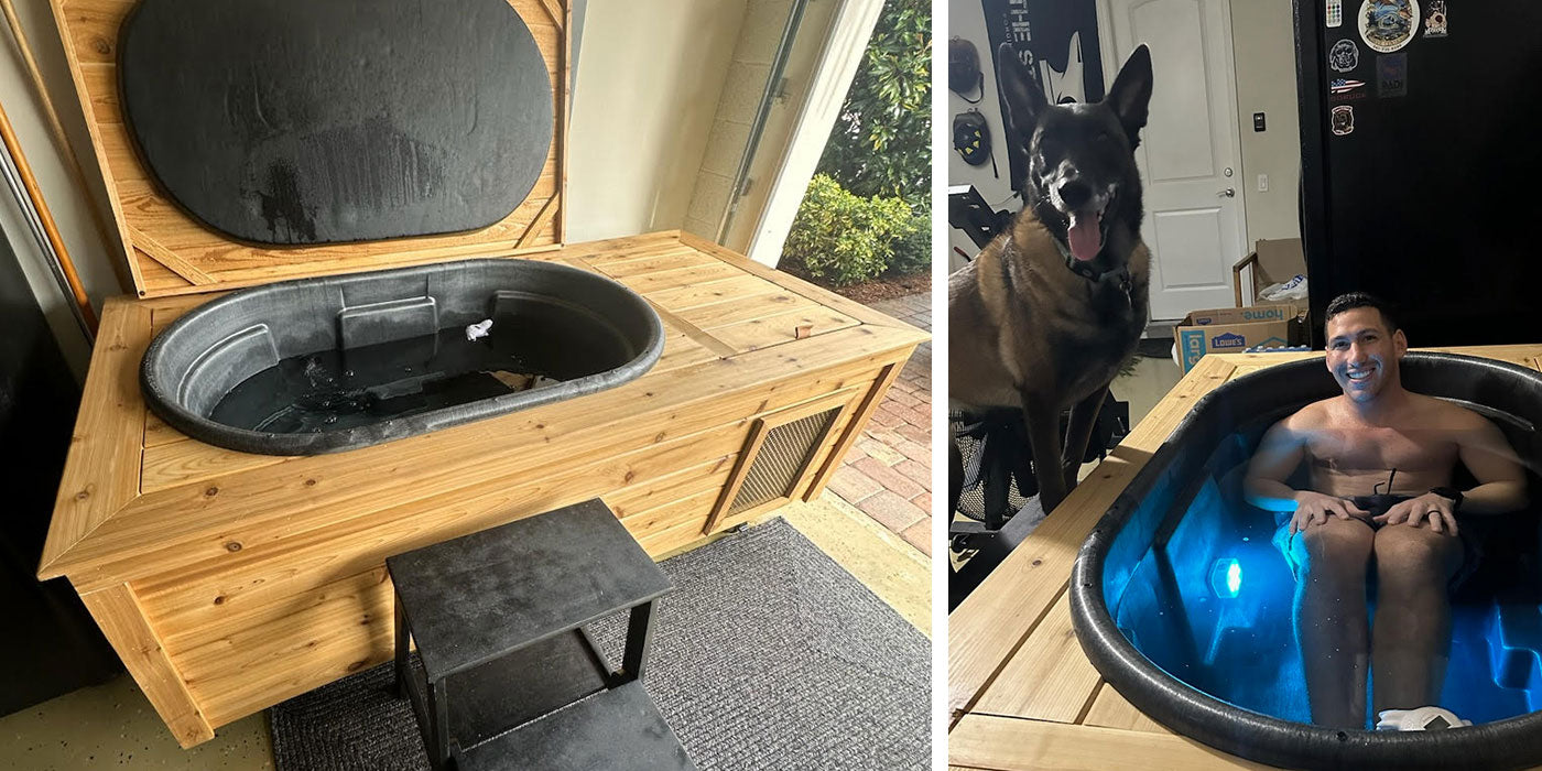 osoba wstrzymująca oddech zanurzona w balii z lodem i wodą